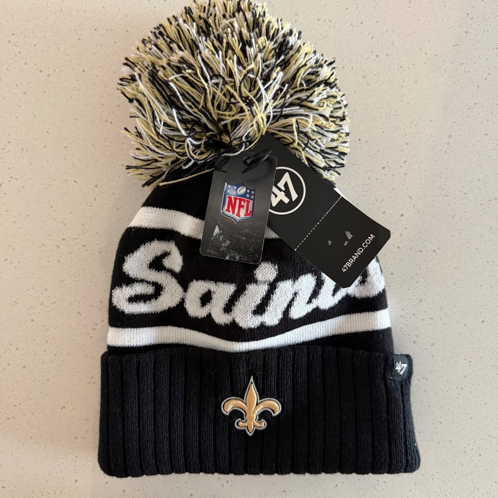 '47 Brand New Orleans Saints NFL Cuffed Pom Beanie‎ Hat Black White NEW